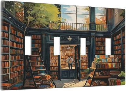 Library With A Lot Of Books Light Switch Covers Quad Toggle 4 Gang Wall Plate Decorative Switchplate Electrical Faceplate for Farmhouse Bathroom Living Decor
