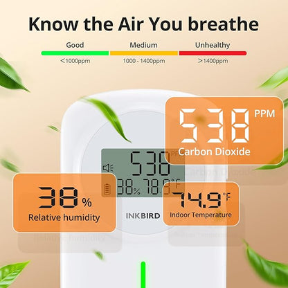INKBIRD NDIR CO2 Detector Battery Powered | 3 in 1 CO2 Monitor Meter | Carbon Dioxide & Temperature & Humidity Air Quality Monitor Indoor | Dual Alarm System | for Home, Office, RV, Grow Tent (IAM-O2)