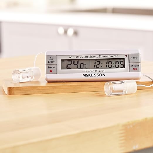 McKesson Refrigerator and Freezer Thermometer with Alarm, Dual-Probe - Waterproof Digital Display Max/Min Temperatures, 1 Count
