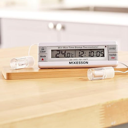McKesson Refrigerator and Freezer Thermometer with Alarm, Dual-Probe - Waterproof Digital Display Max/Min Temperatures, 1 Count