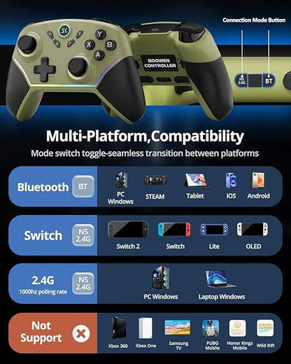 Multi-Platform Wireless Controller, PC Gaming Controller with 2.4G Adpater/Hall Joysticks/Hall Triggers/1200 mAh Battery/4 Programmable Buttons/RGB Lighting, Compatible with PC Windows 7/8.1/10/11, Switch/OLED/Lite, iOS, Android, Steam-Army Green
