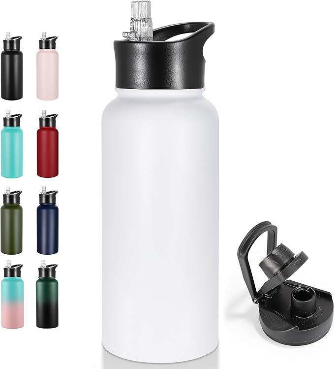 VEGOND 32 oz Insulated Water Bottle Stainless Steel Metal Water Bottles with Leak Proof Straw Lid & Spout Lid, Wide Mouth Double Walled Vacuum Travel Sports Bottle, White