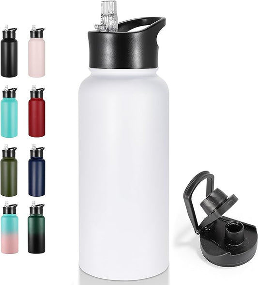 VEGOND 32 oz Insulated Water Bottle Stainless Steel Metal Water Bottles with Leak Proof Straw Lid & Spout Lid, Wide Mouth Double Walled Vacuum Travel Sports Bottle, White