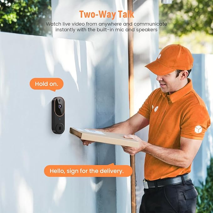1080p Wireless Video Doorbell Camera, AI Human Detection, Live View, Night Vision, Cloud Storage, 2.4G WiFi, Battery Powered, Indoor Outdoor Surveillance (Comes with Doorbell Receiver)