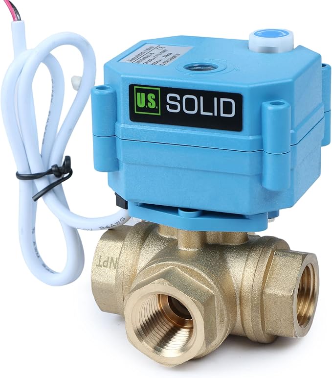 U.S. Solid 1/2" 3 Way Brass Motorized Ball Valve 110-230VAC, L Type Water Shutoff Valve with Manual Function, Standard Port, NOT for Drinking Water