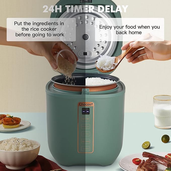 CHACEEF Mini Rice Cooker 2 Cups Uncooked, 1.2L Rice Cooker Small, Portable Non-Stick Small Travel Rice Maker, BPA Free, Smart Control Multifunction Cooker with 24 Hours Timer Delay & Keep Warm Function, Green