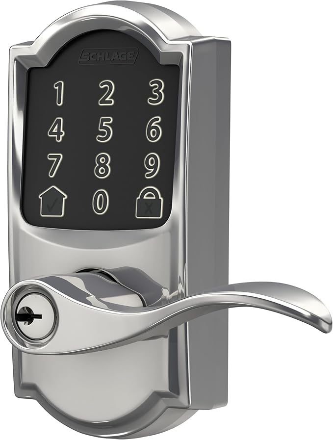 Schlage FE789WB CAM 625 Acc Encode WiFi Accent Lever Smart Lock, Keyless Entry Touchscreen Door Lock with Camelot Trim, Bright Chrome