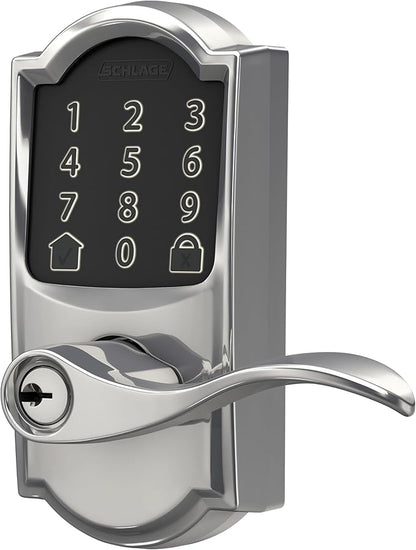 Schlage FE789WB CAM 625 Acc Encode WiFi Accent Lever Smart Lock, Keyless Entry Touchscreen Door Lock with Camelot Trim, Bright Chrome