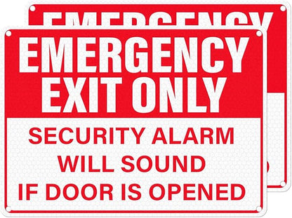 2 Pack Emergency Exit Only - Security Alarm Will Sound If Door Is Opened Sign 10 × 7 Inches Reflective Waterproof Aluminum Safety Signage with Pre-Drilled Holes for Workplace Warehouse