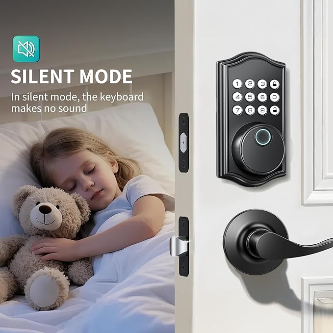 Keyless Entry Door Lock Deadbolt with Handle Set,Fingerprint Smart Locks for Front Door,Backlit Digital Keypad Deadbolt with 2 Keys - Auto Locking - Easy Installation-Left/Right Doors (Matte Black)