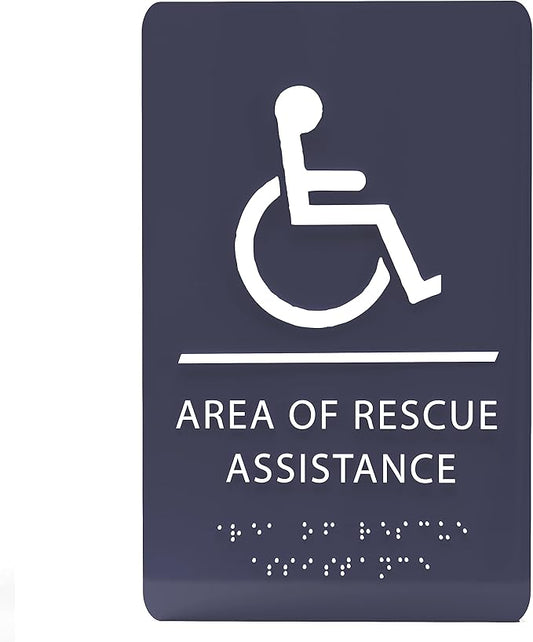 6" X9" Area of Rescue Assistance Sign - ADA Compliant Tactile Graphics Grade 2 Braille Text Signs| Sign for Shopping Malls, Offices, Hotels, Schools, Apartments, and Restaurants