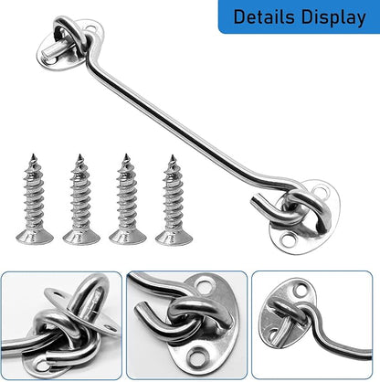 4 Pack 6" Hook and Eye Gate Latch, Stainless Steel Rust-Resistant Barn Door Lock Cabin Hooks for Gate Shutters Window Slide Barn Shed Cabinet Bathroom, with 16pcs Screw,Silver