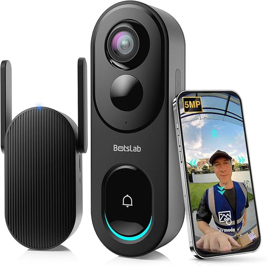 BOTSLAB Doorbell Camera Wireless, 5MP Video Doorbell, 180°Panoramic View, No Monthly Fee, 2.4 GHz WiFi, AI Motion Detection, VR Mode