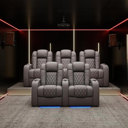 Weilianda Home Theater Seating Top Grain Leather Zero Gravity Recliner Chair Power Headrest Recline Movie Seat Gaming 7 Colors Mood Light Sofa with Tray Table USB Charge Row of 5 Grey