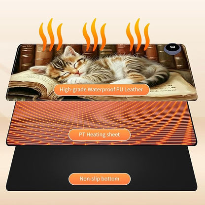 Heated Mouse Pad for Desk 31.5" x 13" – PU Leather Warm Desk Pad with 3 Heat Levels (104°F/113°F/122°F), Plug-in Electric Heating Mat with Auto Shut-Off, Waterproof & Rollable, Kitten on Book
