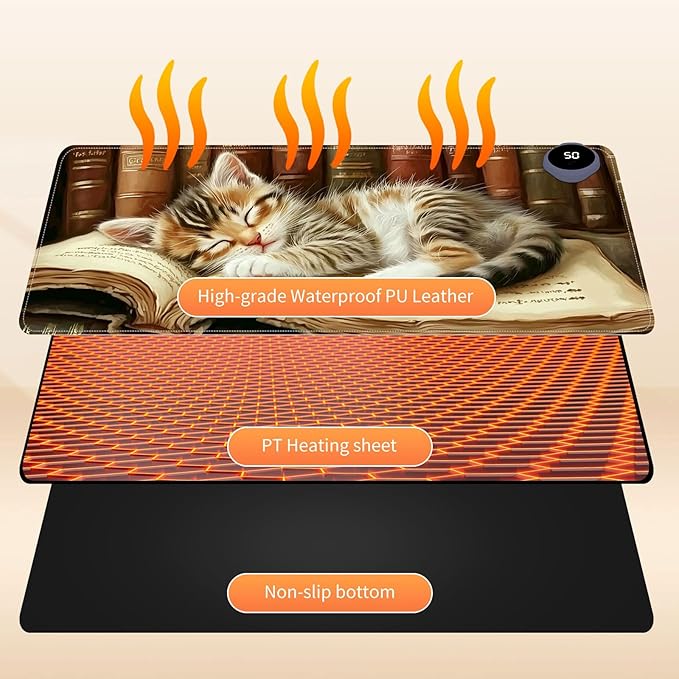 Small Heated Desk Pad 23.6" x 14.2" – Compact Electric Mouse Pad with 3 Heating Levels, Auto Shut-Off, Waterproof PU Surface, Plug-in Warmer for Office or Home Use, Kitten on Book