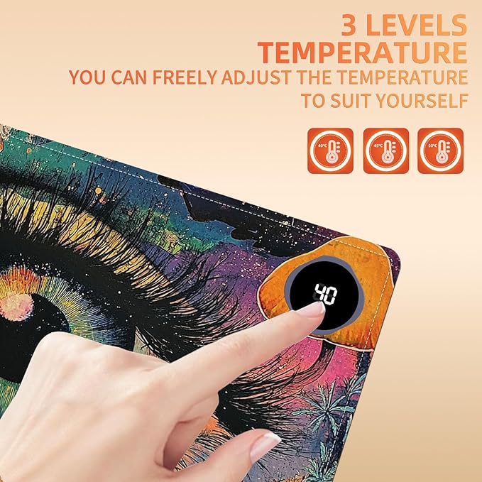 Heated Mouse Pad 23.6 x 14 in 3-Temp Fast Heating Desk Mat with Auto Timer Warmer for Hands Wrist Pain Relief Waterproof Keyboard Mat for Office, Gaming, Home, Colorful Eye Art