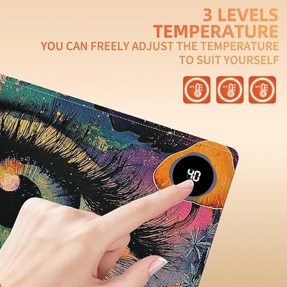 Heated Mouse Pad 23.6 x 14 in 3-Temp Fast Heating Desk Mat with Auto Timer Warmer for Hands Wrist Pain Relief Waterproof Keyboard Mat for Office, Gaming, Home, Colorful Eye Art