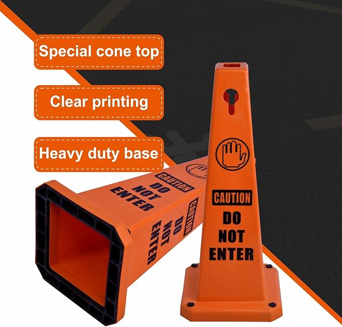 26.5" Caution Cones, 4-Sided Visible Safety Signs with Heavy Rubber Base, Warning for Slip & Fall Prevention, Indoor/Outdoor Use (4, Do Not Enter-Orange, 26.5 inch)
