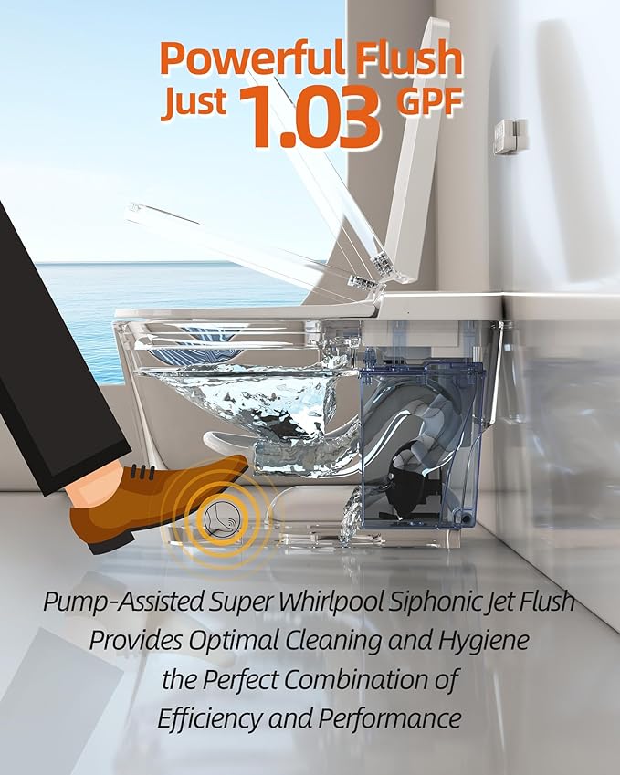 Smart Toilet with Bidet Built in, Luxury One Piece Elongated Bidet Toilet with Auto Close & Flush, Foot Sensor to Open/Close/Flush, Heated Seat, Massage Wash, Night Light, Remote Control