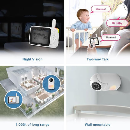 VTech Video Baby Monitor with Camera and Audio, 3.5" LCD Screen, Pan-Tilt-Zoom, 2-Way Talk, VOX Mode, Night Light, Lullabies, Soothing Sounds, Temperature Sensor, Long Range, No WiFi: VM4263 (White)