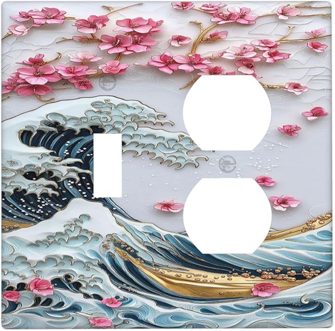Wallplates The Great Wave Off Kanagawa With Sakura 1 Toggle 1 Duplex Switch Plate Electrical GFCI Faceplate Decorative Light Switch Covers for Bedroom Bathroom Decor