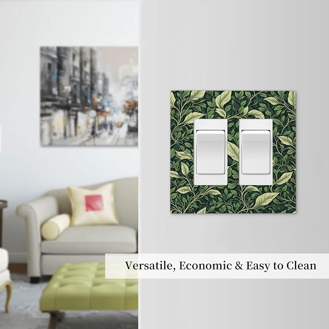Vintage Green Plant Leaves Outlet Covers Light Switch Cover Plate 2 Gang Double Rocker Wall Plates Decorative Switch Plates Plug Cover Electrical GFCI Receptacle Cover for Home 4.9 X 5 IN