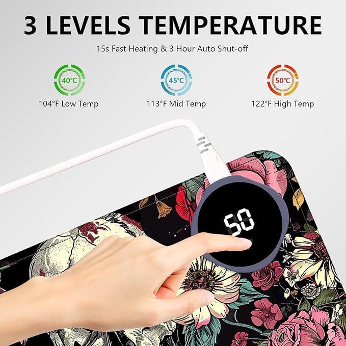 Heated Mouse Pad with 3 Levels Heated & 3 Hours Auto Shut-Off Mouse Pad for Warming Hands in Office Home, 23.6" x 14.2"Large Safe Desk Mat Hand Warmer，Skull in Flowers