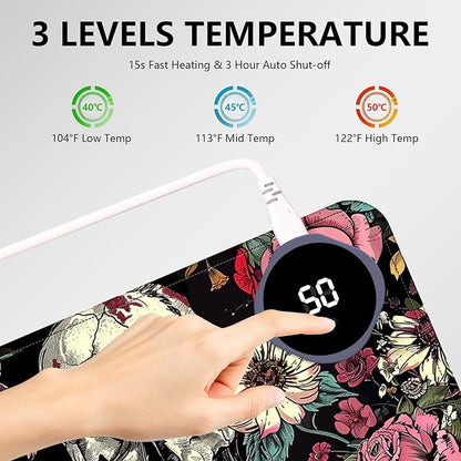Heated Mouse Pad with 3 Levels Heated & 3 Hours Auto Shut-Off Mouse Pad for Warming Hands in Office Home, 23.6" x 14.2"Large Safe Desk Mat Hand Warmer，Skull in Flowers