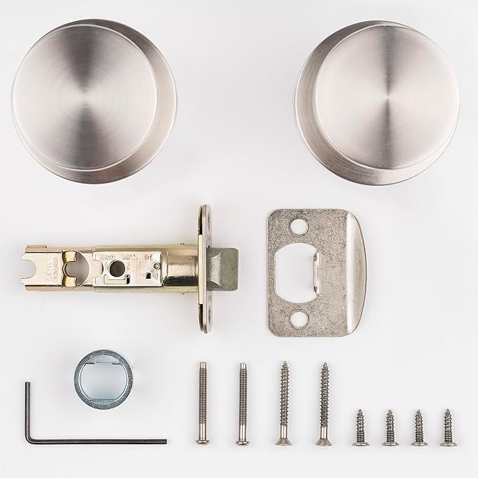 Kwikset Pismo Door Knob Set, 6 Pack with 3 Non-Locking Passage and 3 Locking Keyless Privacy Handles, with Round Rose, Featuring Microban Protection in Satin Nickel
