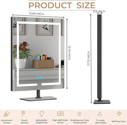 Makeup Mirror with Lights, 12.6 x 17.7 Inch LED Vanity Mirror, Lighted Makeup Mirror with Dimmable 3 Modes, Smart Touch Control, Aluminum Frame and Tempered Glass Base, Bronze