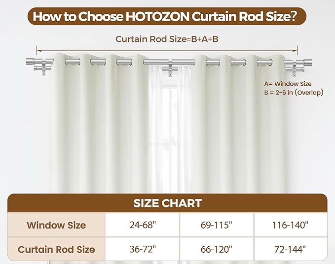 Double Curtain Rod 72 to 144 Inch, HOTOZON 1 Inch Heavy Duty Curtain Rods for Windows, Telescoping Double Drapery Rod with Simple Cap Finials, Silver