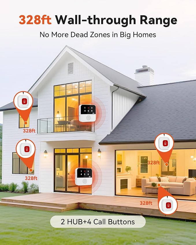 Wireless Caregiver Call Button System - Dual Hub, Multi-Location Alarm, Dsiplay Caller ID & App Alert, No Monthly Fee, 4 IP65 Panic Buttons, Emergency Alert for Elderly at Home/Nursing Homes