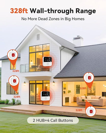 Wireless Caregiver Call Button System - Dual Hub, Multi-Location Alarm, Dsiplay Caller ID & App Alert, No Monthly Fee, 4 IP65 Panic Buttons, Emergency Alert for Elderly at Home/Nursing Homes