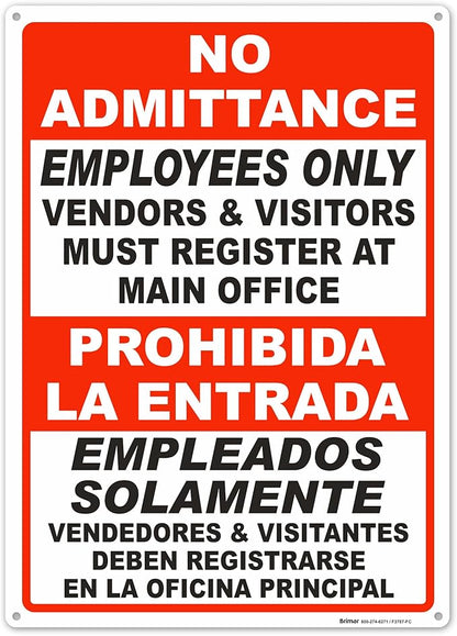 Brimar - 10" x 14" - Bilingual Vendors & Visitors Must Register Sign - .040″ Rust-Free Aluminum - High Visibility - Easy Installation