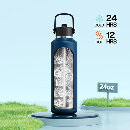 POWCAN 24 oz Water Bottle Insulated: BPA-Free, Leakproof Lid with Straw, Lightweight, Flex Cap, Stainless Steel Water Bottle for Office, Men, Gym, Commute, Worker, Walking, Cycling (Indigo Blue)