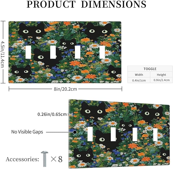 Boho Funny Black Cute Cats Daisy Wildflower Light Switch Covers Quad Toggle Electrical Faceplate 4 Gang Wall Plate Decorative Switch Plates For Kids Room Bed Room Decor