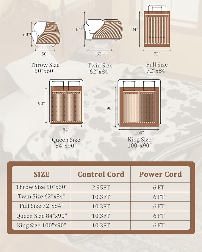 CAROMIO Heated Electric Blanket Twin Size, Cow Print Fast Heating Throw Blankets with LCD Controller, 10 Heat Levels & 1-12H Time Settings Auto Off, ETL Certified, Brown Black, 62" x 84"