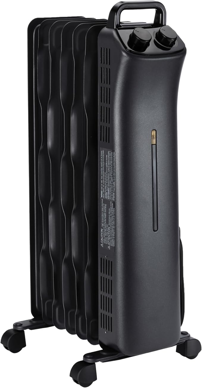 Amazon Basics Oil Space Heater, Portable Radiator Heater with 7 Oil-Filled Fins for Indoor Use, 3 Heat Settings, Thermostat, Tip-Over Protection, ETL Safety Certificate, Manual Control, 1500W, Black