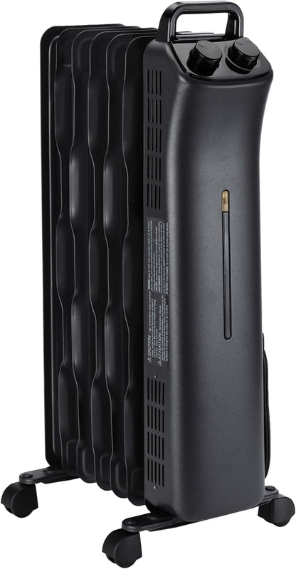 Amazon Basics Oil Space Heater, Portable Radiator Heater with 7 Oil-Filled Fins for Indoor Use, 3 Heat Settings, Thermostat, Tip-Over Protection, ETL Safety Certificate, Manual Control, 1500W, Black