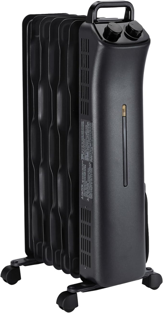 Amazon Basics Oil Space Heater, Portable Radiator Heater with 7 Oil-Filled Fins for Indoor Use, 3 Heat Settings, Thermostat, Tip-Over Protection, ETL Safety Certificate, Manual Control, 1500W, Black