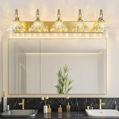 Vintage Bathroom Vanity Light, 5-Light Gold Vanity Lighting Fixture with Flower Glass Shade, Bathroom Lighting Fixtures Over Mirror