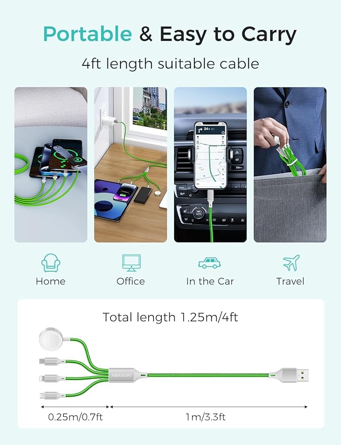 Travel Essentials,4 in 1 for Apple Watch Charger/iPhone Charger/Multi Charging Cable,Vacation RV Camping Essentials,USB C/L/Micro Portable Charger for iWatch 11-1/iPhone 17-12,Car&Gift-Green