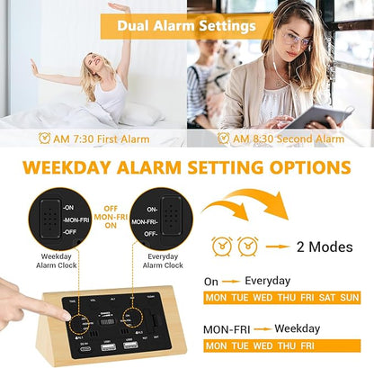 Kogonee Wooden Digital Alarm Clock, 0-100% Dimmer, 2 Alarm Settings, Weekday/Everyday Mode, 9 Mins Snooze, 12/24H, Temperature and Date Display for Office, Travel, Bedroom Alarm Clock (Bamboo)