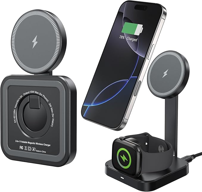 Esoulk 15W 2-in-1 Wireless Charger, Foldable Magnetic Fast Charging Station for iPhone, Apple Watch, and Smart Watch