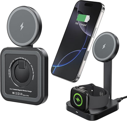 Esoulk 15W 2-in-1 Wireless Charger, Foldable Magnetic Fast Charging Station for iPhone, Apple Watch, and Smart Watch
