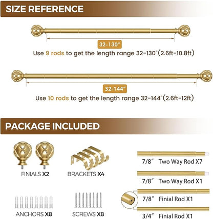 KAMANINA Gold Curtain Rod 72 to 144 Inch (6-12 Feet), Telescoping Single Drapery Rods, 7/8 Inch Heavy Duty Curtain Rods for Windows 66 to 144 Inches, Netted Texture Finials