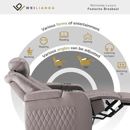 Weilianda Home Theater Seating Top Grain Leather Zero Gravity Recliner Chair Power Headrest Recline Movie Seat Gaming 7 Colors Mood Light Sofa with Tray Table USB Charge Row of 3 Grey