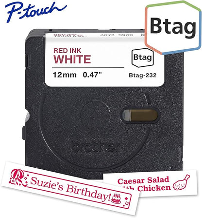 Brother Genuine P-Touch Btag BTAG232 Red on White Label Tape ~1/2in by 13.1ft (12mm x 4m). Use only with Btag PT-N10, PT-N20, PT-N25BT Label Makers