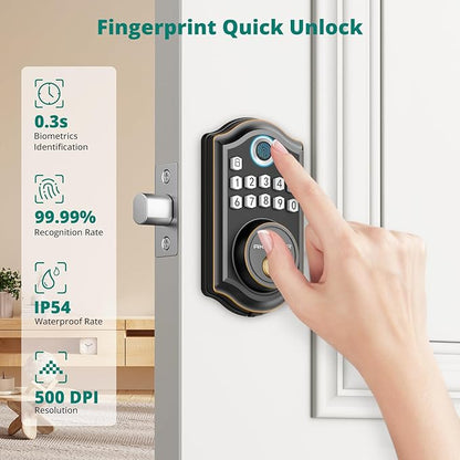 DS10 Fingerprint Door Lock - Keyless Entry Door Lock, Electronic Keypad Deadbolt, Smart Door Lock, Keypad Lock for Front Door, Auto-Lock & One Touch Locking - Oil Rubbed Bronze